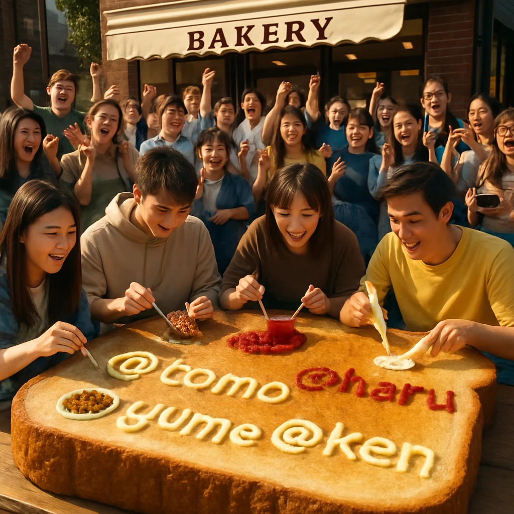 巨大なトーストの表面にバターやジャムで名前を書く若者たちがパンの周りに集まっている様子。