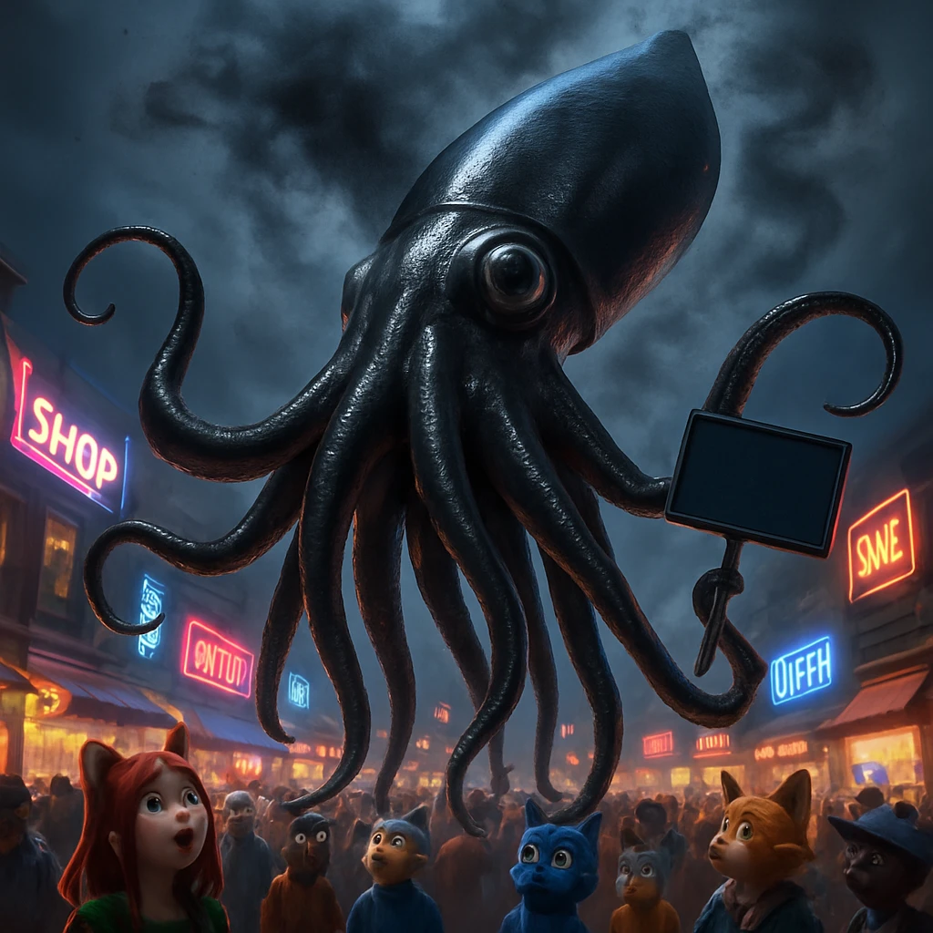 巨大な黒いイカのアバターが、にぎやかなバーチャルマーケットの中心で8本の足を振りながら看板を掲げ、多くのアバターたちがその様子に驚いている。
