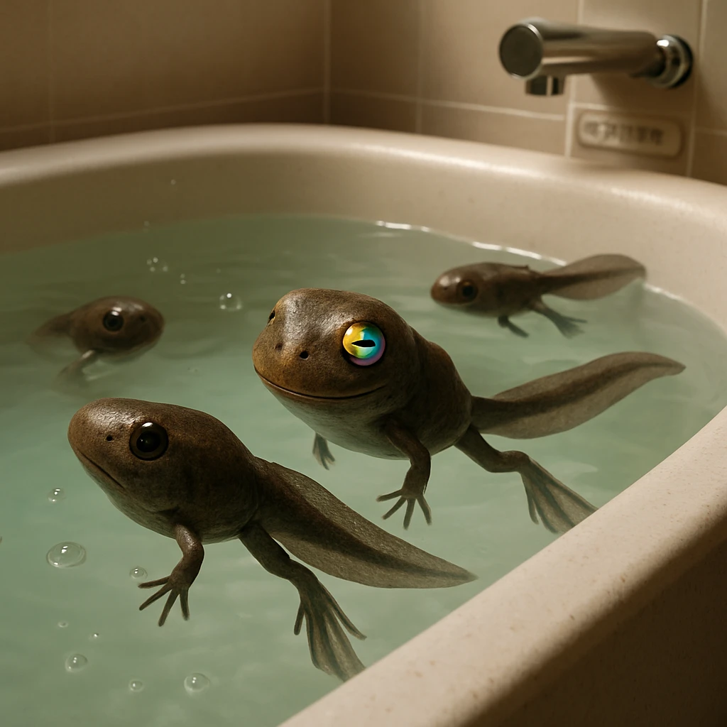 浴槽の水面近くでカラフルなウインクを見せるオタマジャクシたちが泳ぐ様子をとらえた写真風画像。