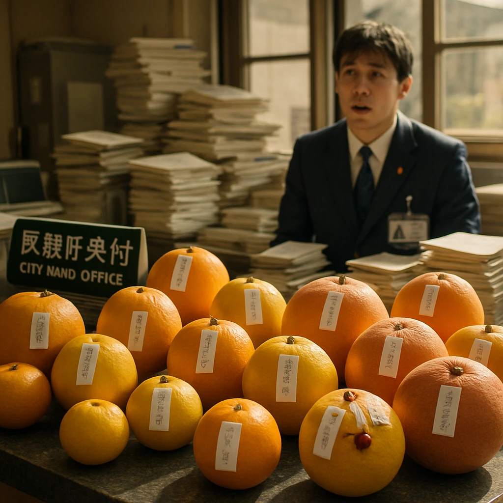 市役所の窓口カウンターに柑橘類が大量に並び、職員が困惑した様子で対応している様子。