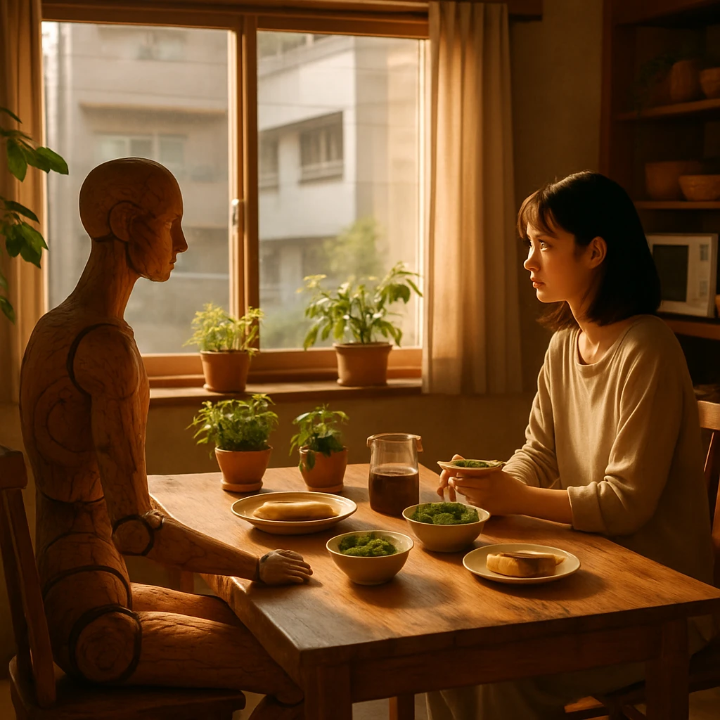 東京のシェアハウスで若い女性が木彫りの人間型オブジェとテーブルを挟んで朝食をとっている様子。