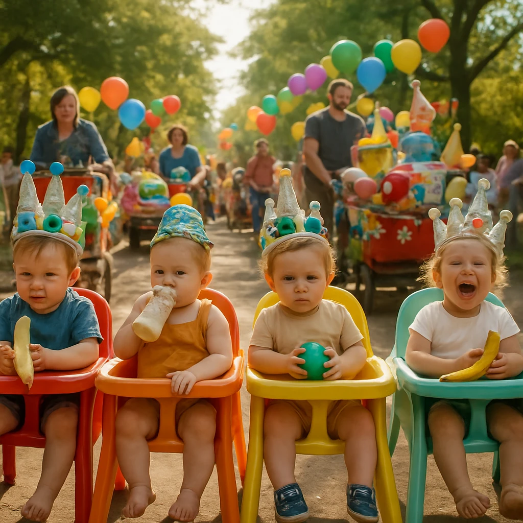 色とりどりの王冠をかぶった幼い子どもたちが椅子に並び、その目の前で親たちがカートや風船で行進している公園のにぎやかな様子。