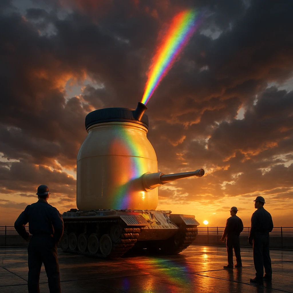 マヨネーズ型の巨大な装置から虹が空へと放たれている夕暮れの屋上風景。
