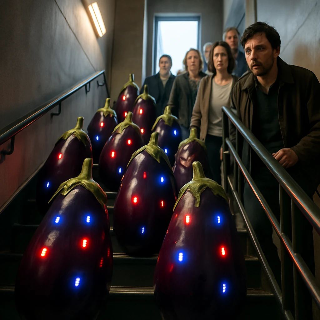 LEDが点滅する巨大なナスの集団が非常階段を上る中、人々が困惑しつつ後ろから避難している様子の写真です。