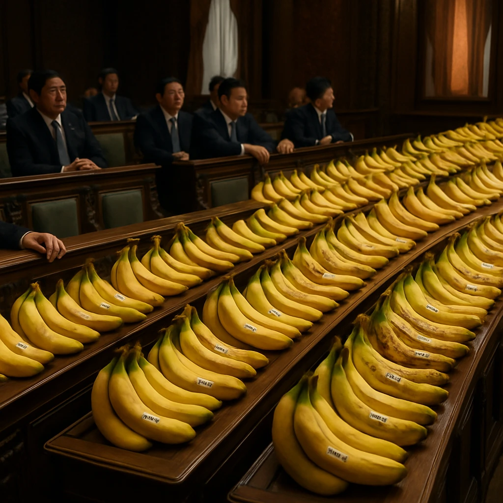 日本の国会議場で議席の一部が多数の本物のバナナで埋め尽くされている様子。