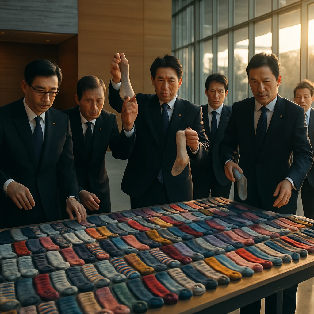 首相官邸ロビーで大臣たちがカラフルな靴下を手に取り真剣な表情で見つめる様子の写真。