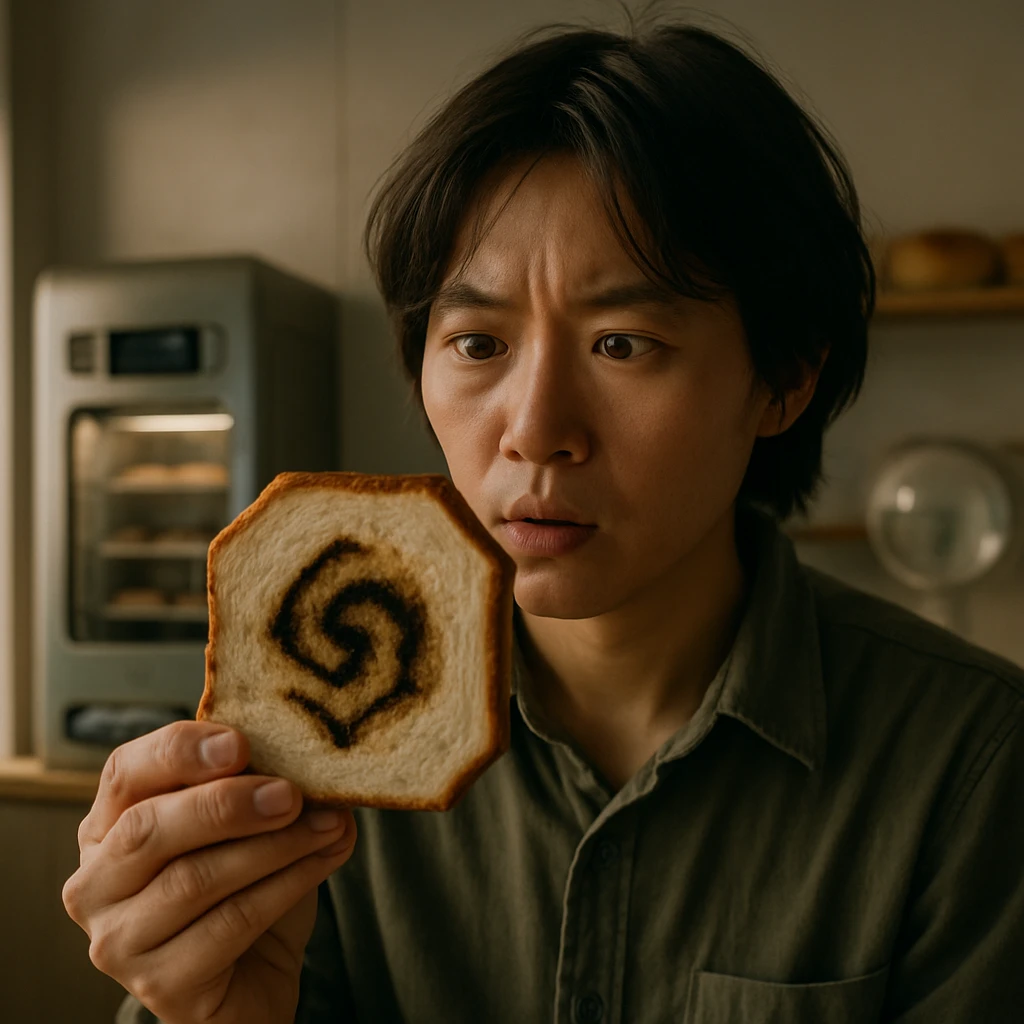 八角形の食パンを不思議そうに見つめる人物と、近未来的な自販機と特殊レンズが並ぶベーカリーの一場面。