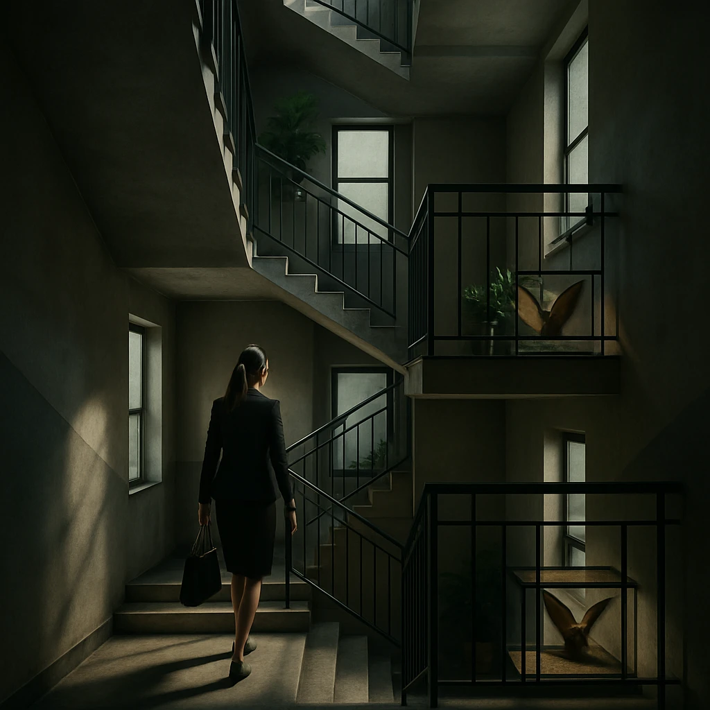 現代的なマンションの螺旋階段をビジネス服の女性が上りながら、途中で景色やインテリアが微妙に変化している様子。