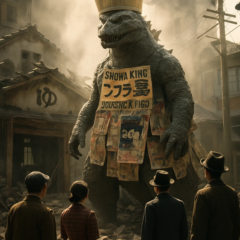 昭和レトロな町並みの中、銭湯桶を冠のようにかぶった巨大な“昭和キング”が旧銭湯跡地に出現し、周囲の人々が見上げている様子。