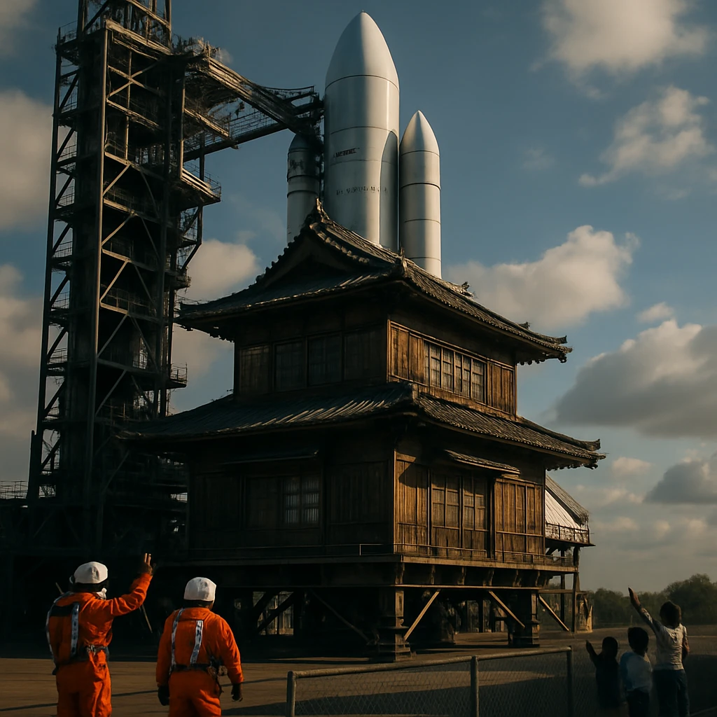 老朽化した日本家屋がロケット下部に取り付けられ、発射台で宇宙打ち上げを待つ様子。