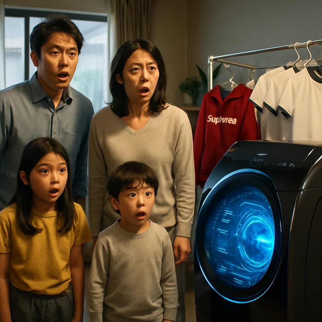 最先端の洗濯機と混ざった洗濯物に驚く家族の様子を現代的なリビングで捉えた写真。
