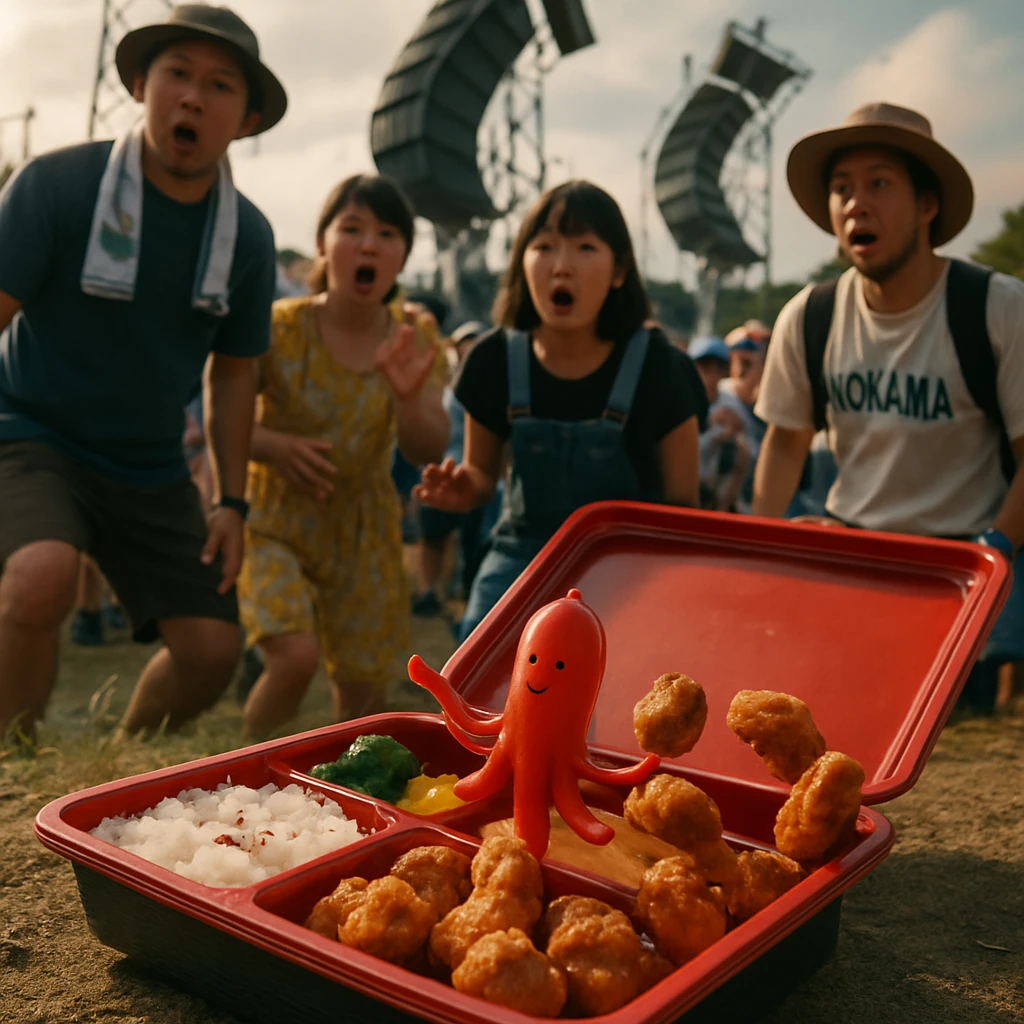 音楽フェス会場で弁当のタコウィンナーやカラアゲが自ら動き出し、観客が驚きながら見つめている様子の写真。