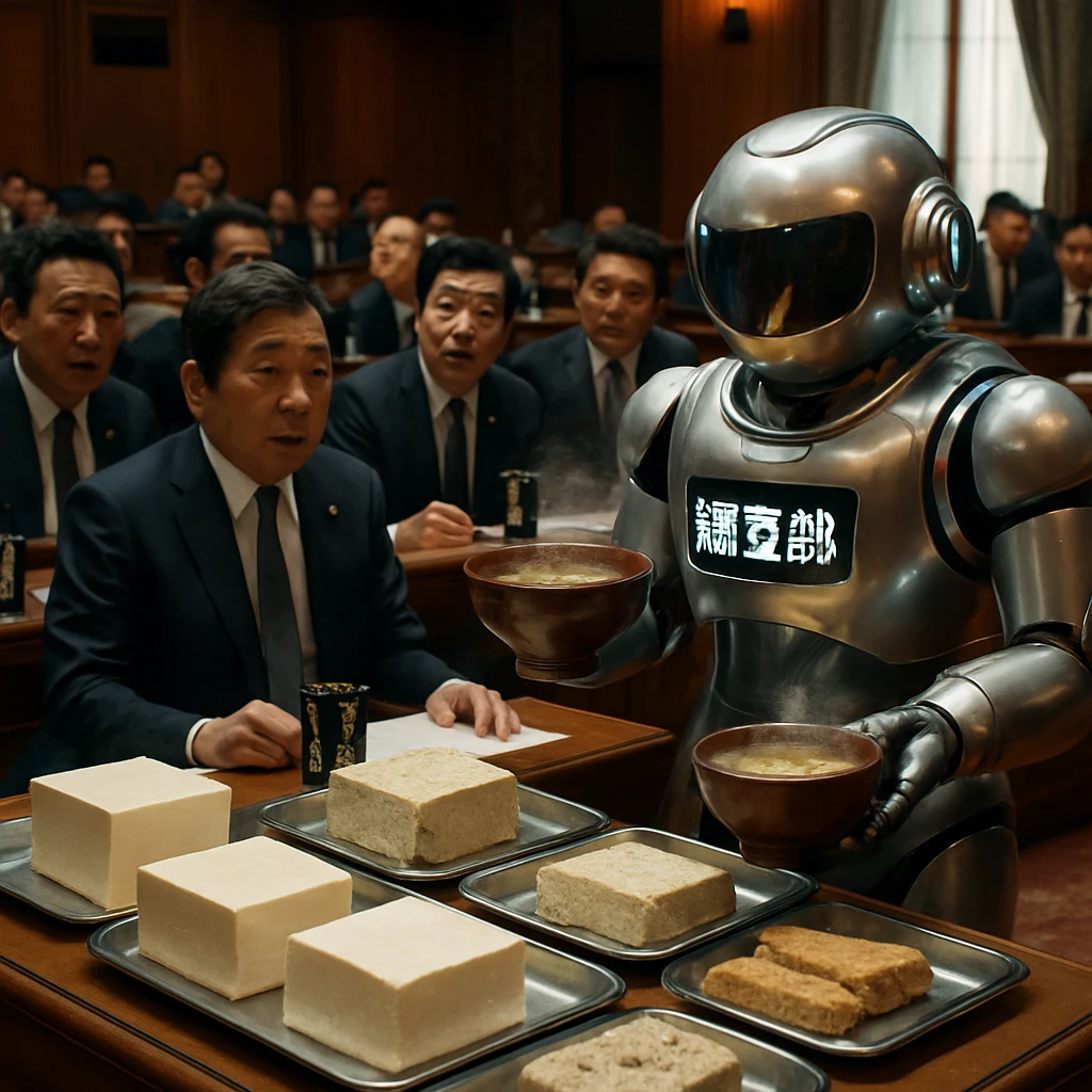 日本の国会本会議場で豆腐を配る最新型AIロボットと驚く議員たちを撮影した写真風の一場面。