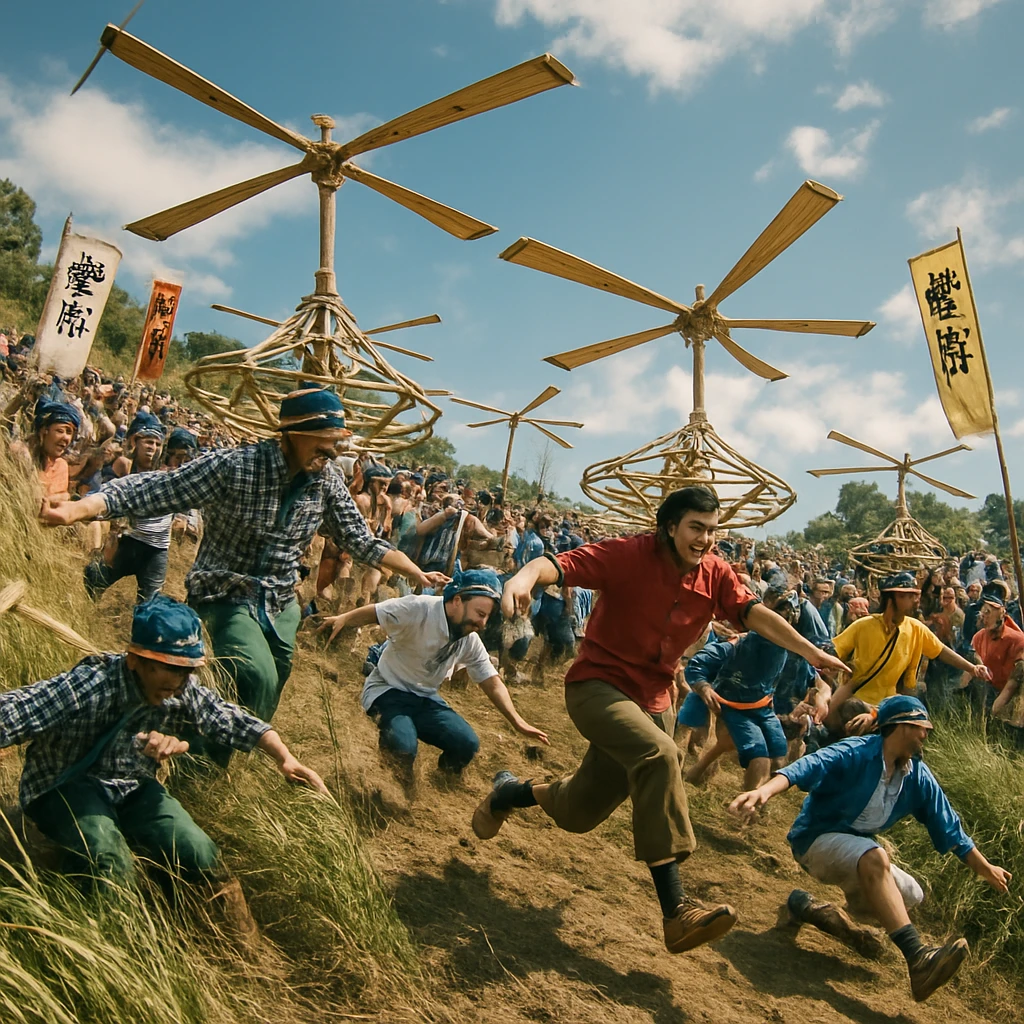 巨大な竹とんぼを頭につけた多数の巡礼者が丘の斜面でジャンプしようとする様子。