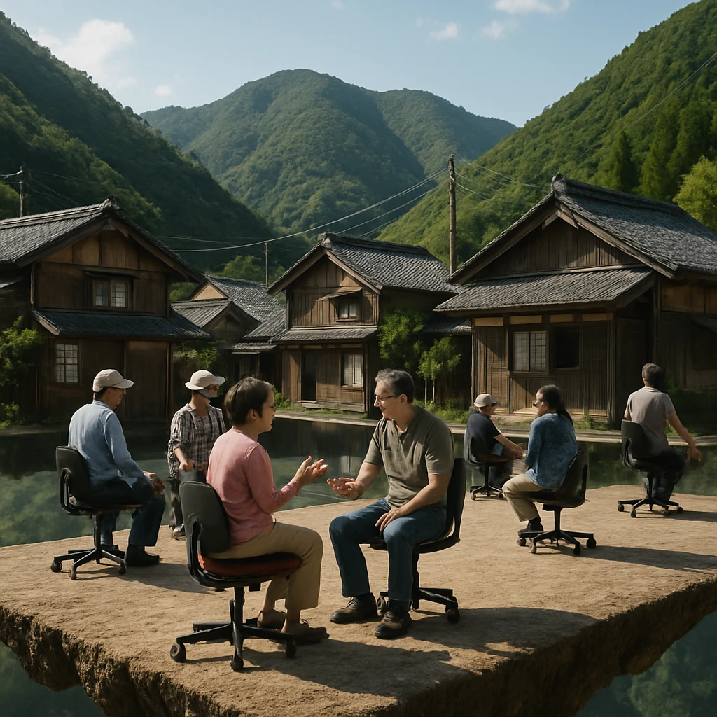 山間の村全体が地面から浮上し、村民たちがオフィスチェアに座って生活している様子の写真。