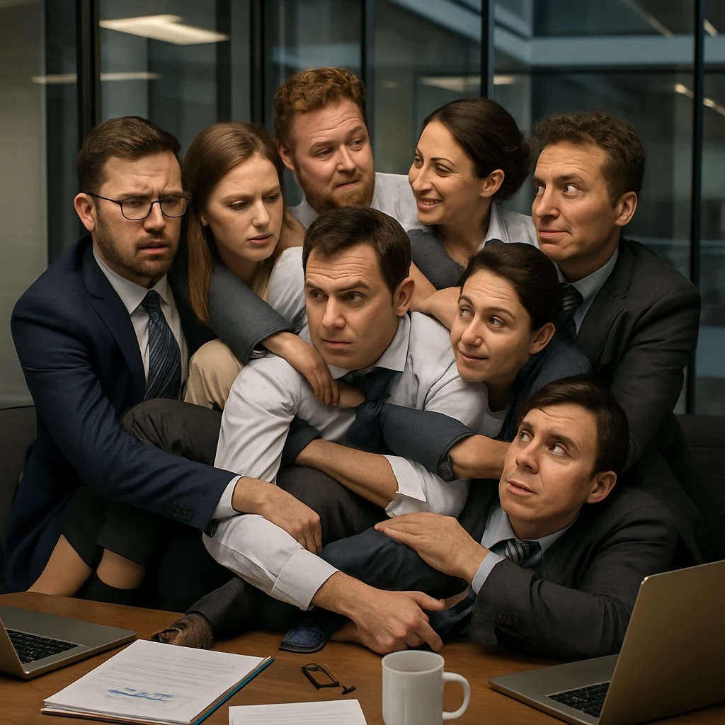 近代的な会議室で8人のオフィスワーカーが手足やネクタイ、イヤホンコードで複雑に絡まり、“人間ノット”状態で座っている様子。