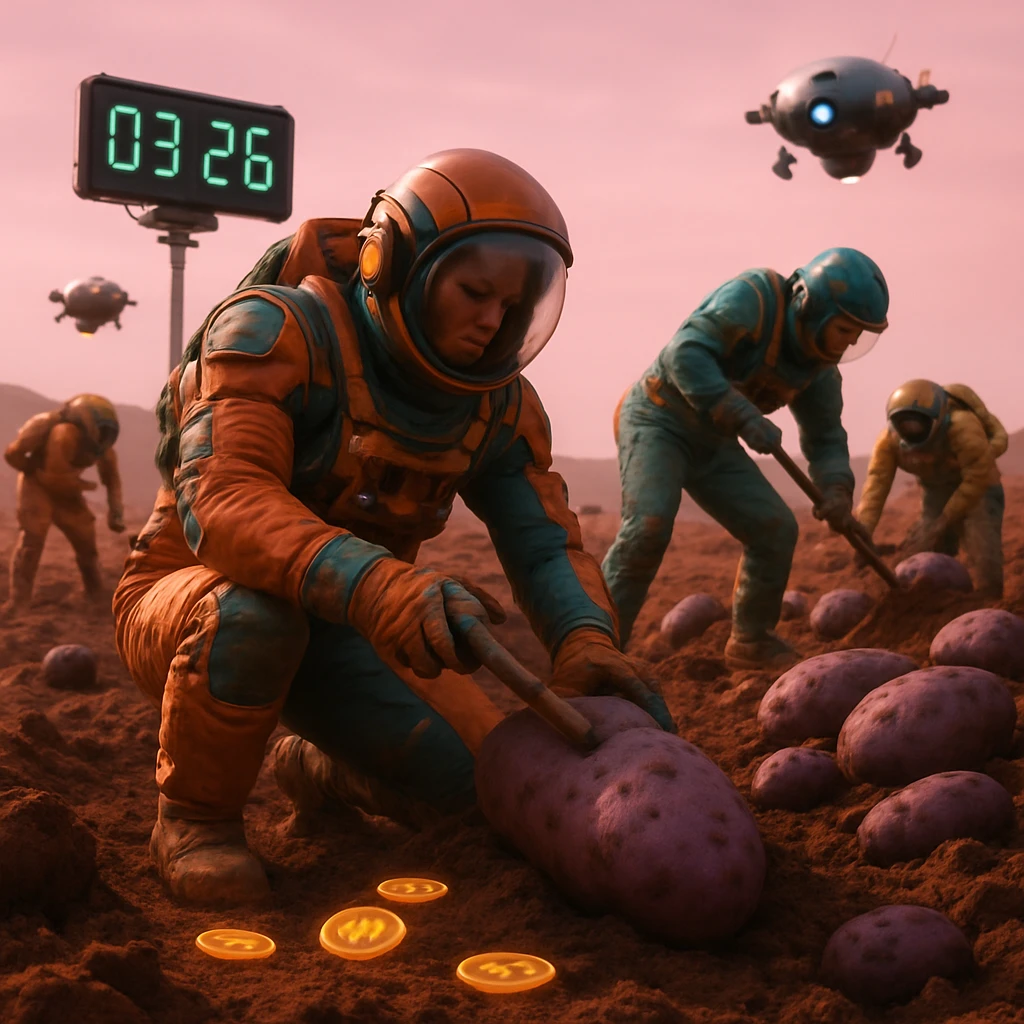火星の赤い畑で宇宙服姿のワーカーたちが巨大な紫色の芋を掘り起こしている様子。