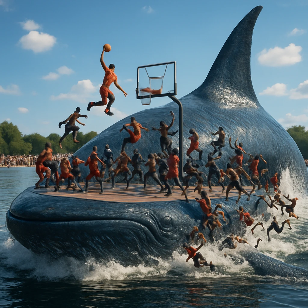 巨大な鯨の背中がバスケットボールコートに変化し、多くの選手がダンクを試みながら湖上を漂っている様子。