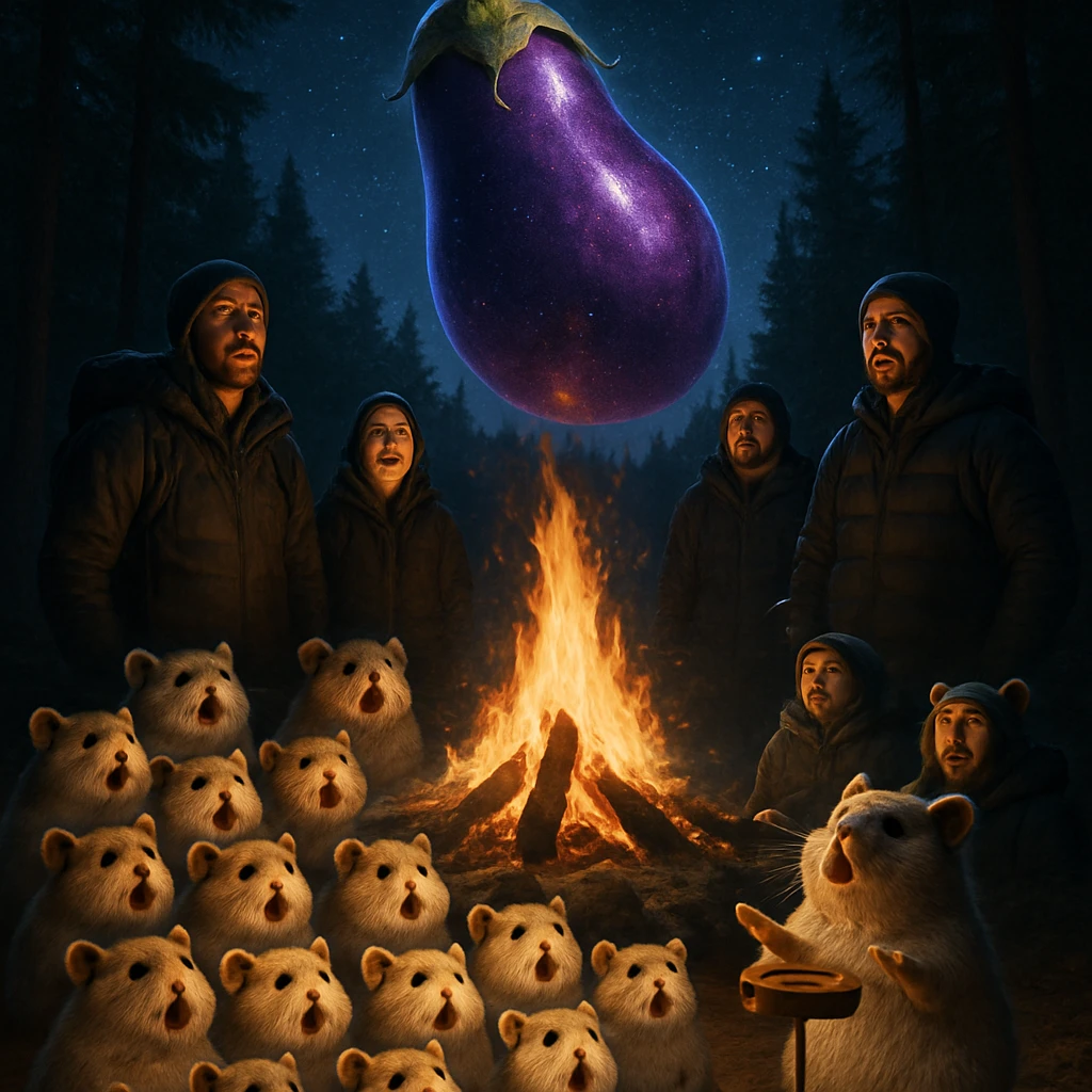 夜の森で焚き火を囲む人々と、合唱隊フォーメーションのハムスターたち、空には巨大なナスの幻影が映し出されている。