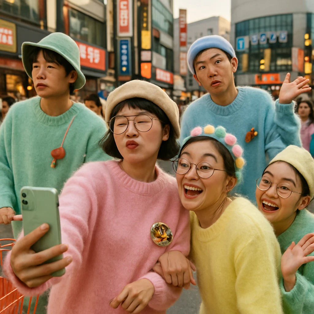 釜山市中心部の広場で、カラフルなモヘア衣装を着た若者たちが奇抜なファッションで集まっている様子。