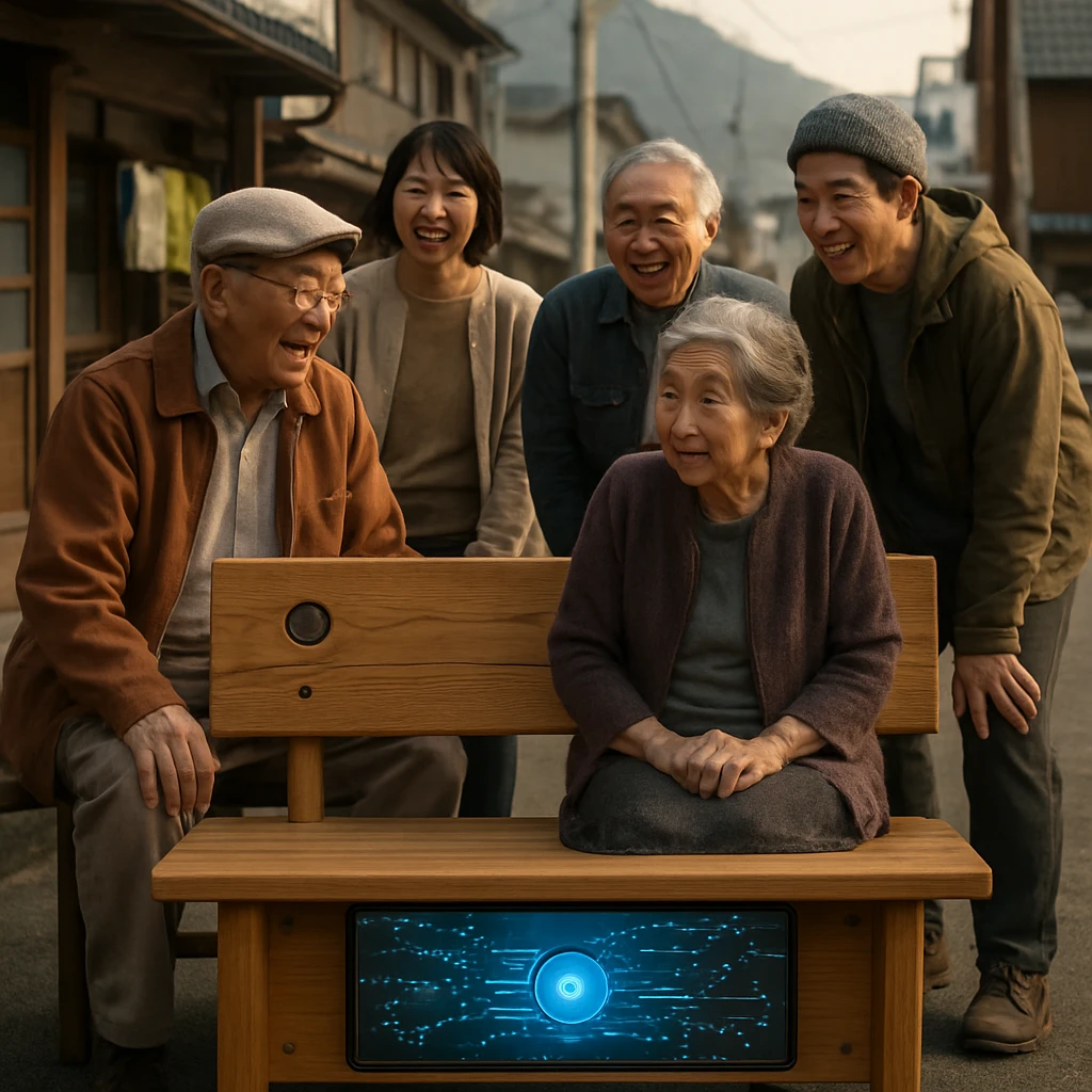 カメサギ町の街角でAI搭載の木製ベンチを囲み、住民たちが楽しげかつ困惑した表情で集まっている様子。