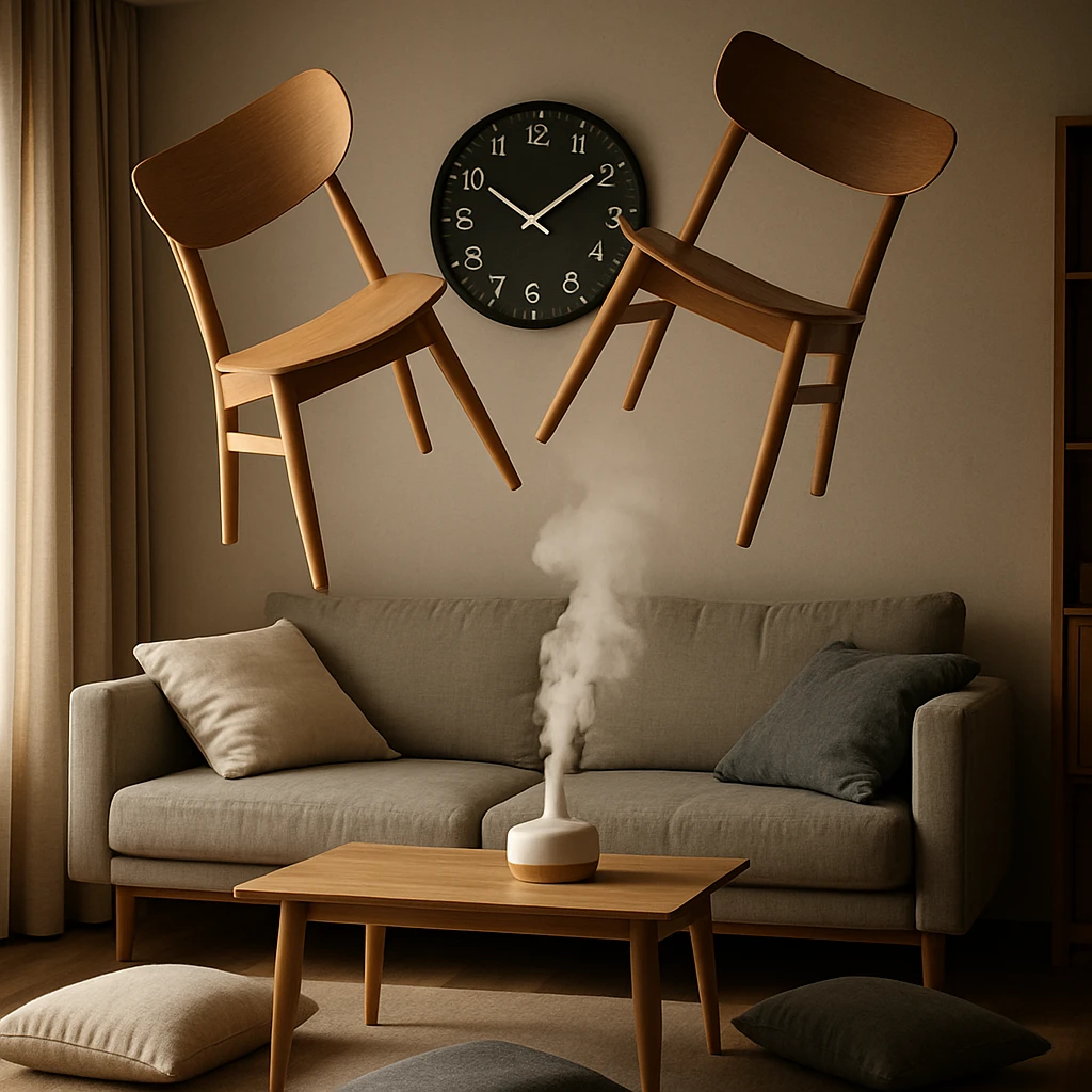 北欧風のモダンな部屋で椅子が宙に浮き、壁の時計が逆戻りする異常現象が発生している様子。