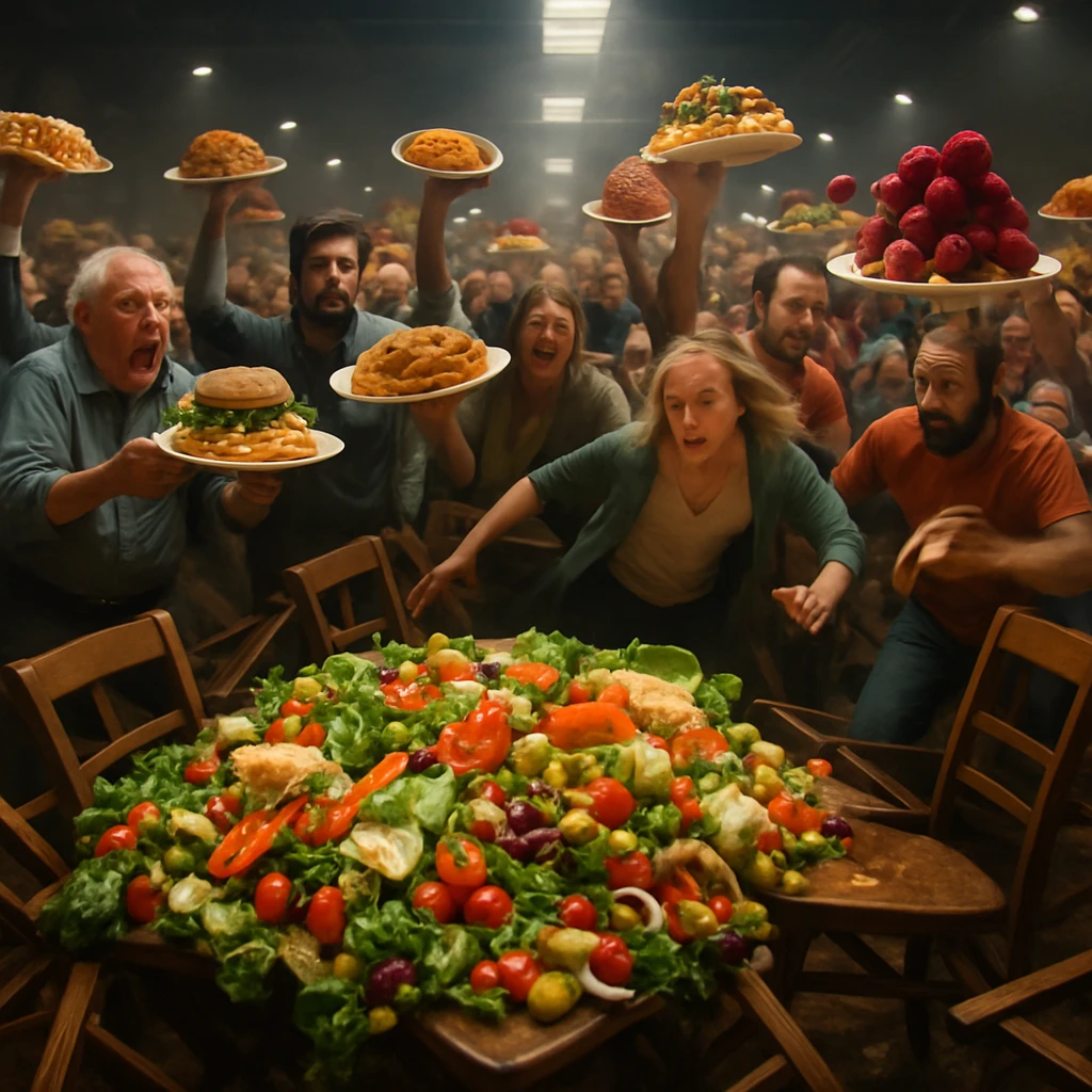 大会場内で各国の料理が盛られた皿を掲げる人々と、皿の上の料理が動き出して混乱する様子を捉えた写真。