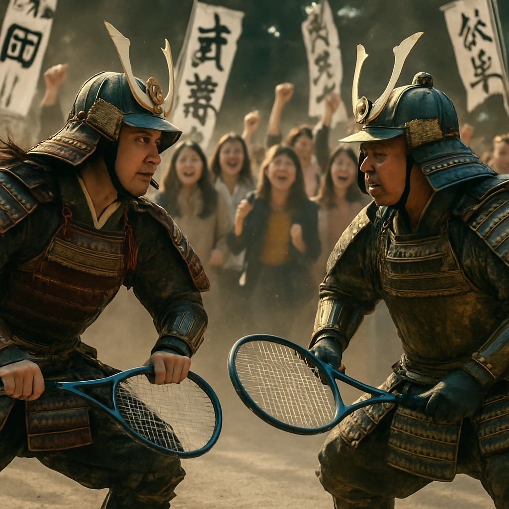源義経と徳川家康が時代衣装のままテニスラケットを持ち、鎌倉の砂利道コートで対峙し、周囲には熱狂する歴女たちが応援バナーを振る様子。