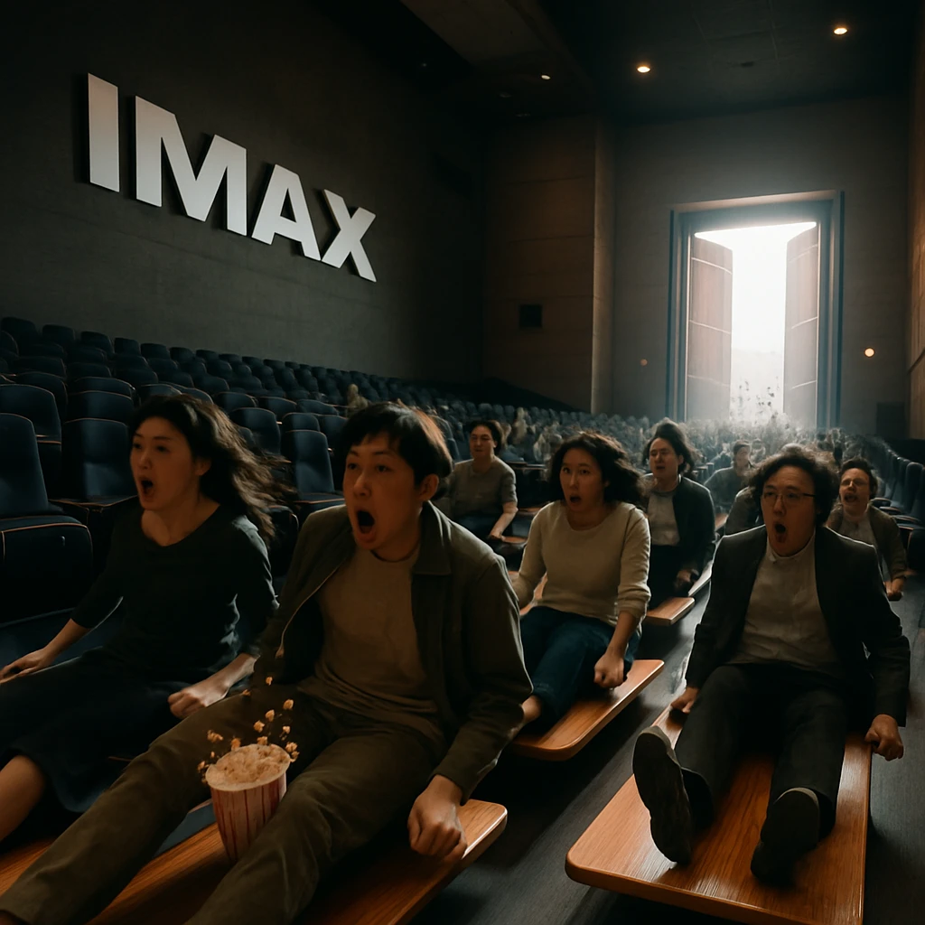 IMAXシアターで観客たちが座席下から現れた大きな板の上で驚きながら流されている様子の写真。