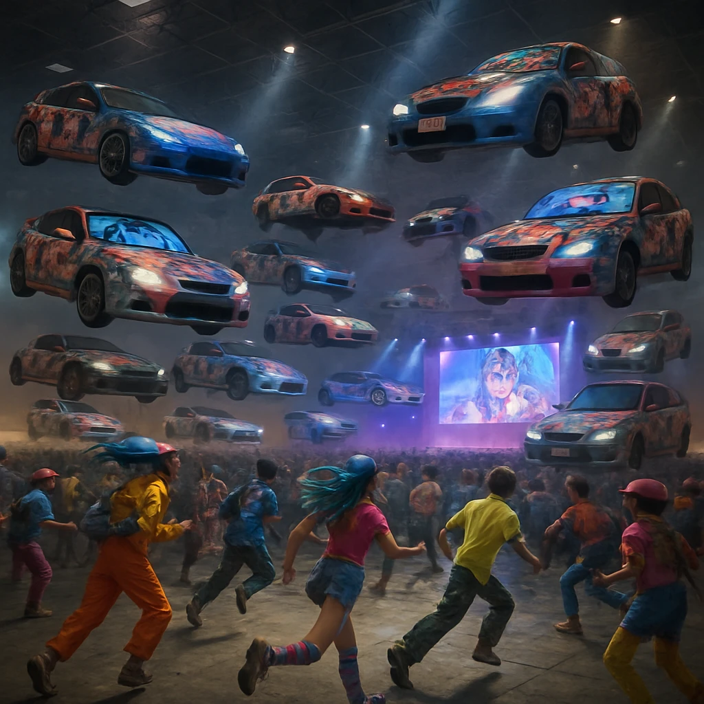 幕張メッセの屋内ステージで、空中に浮かぶ痛車たちとY2Kファッションの観客が入り混じるカラフルな混沌の瞬間。