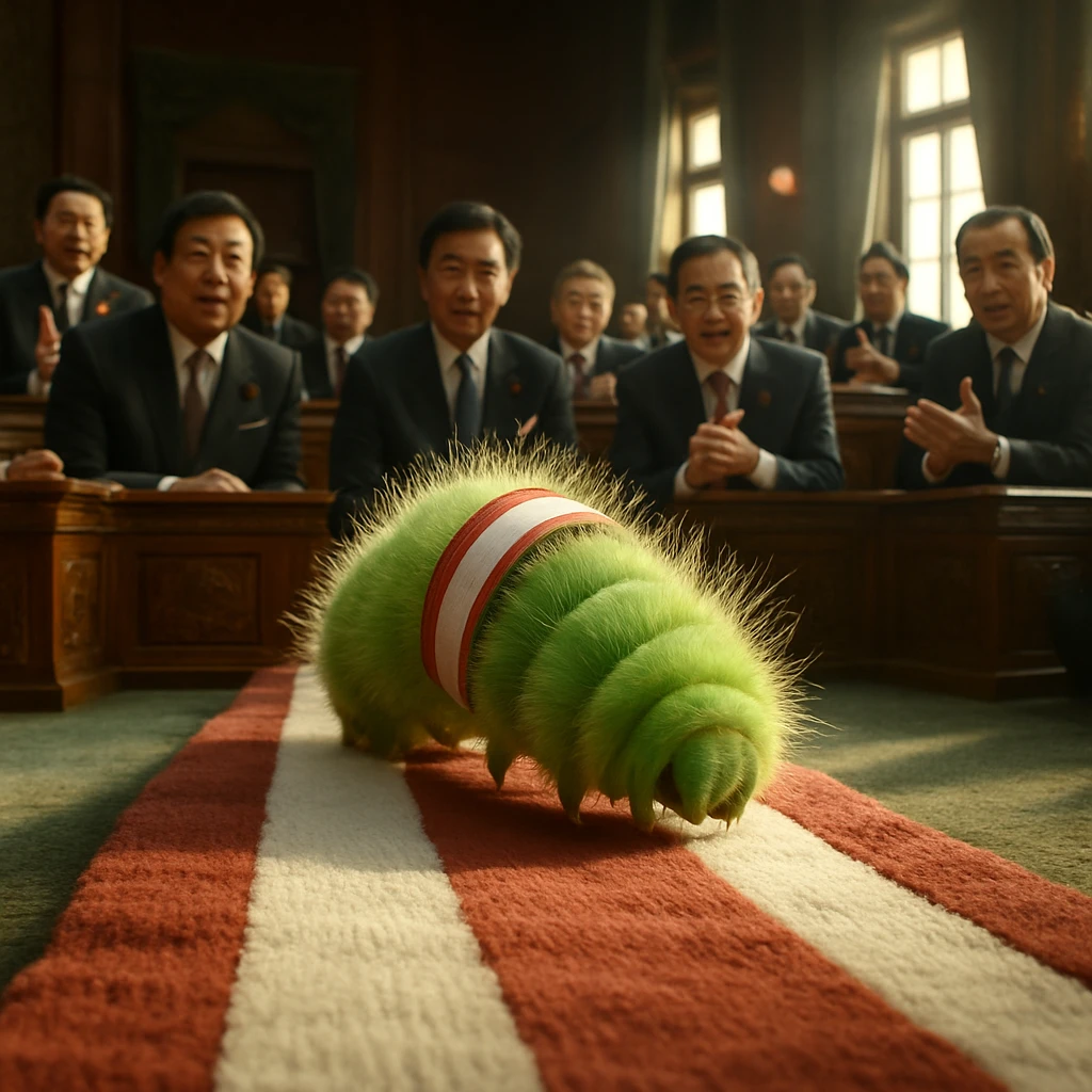 日本の議会の中、ふわふわの毛虫が専用歩行レーンを歩き、周囲には驚いた表情の議員たちがいる様子。