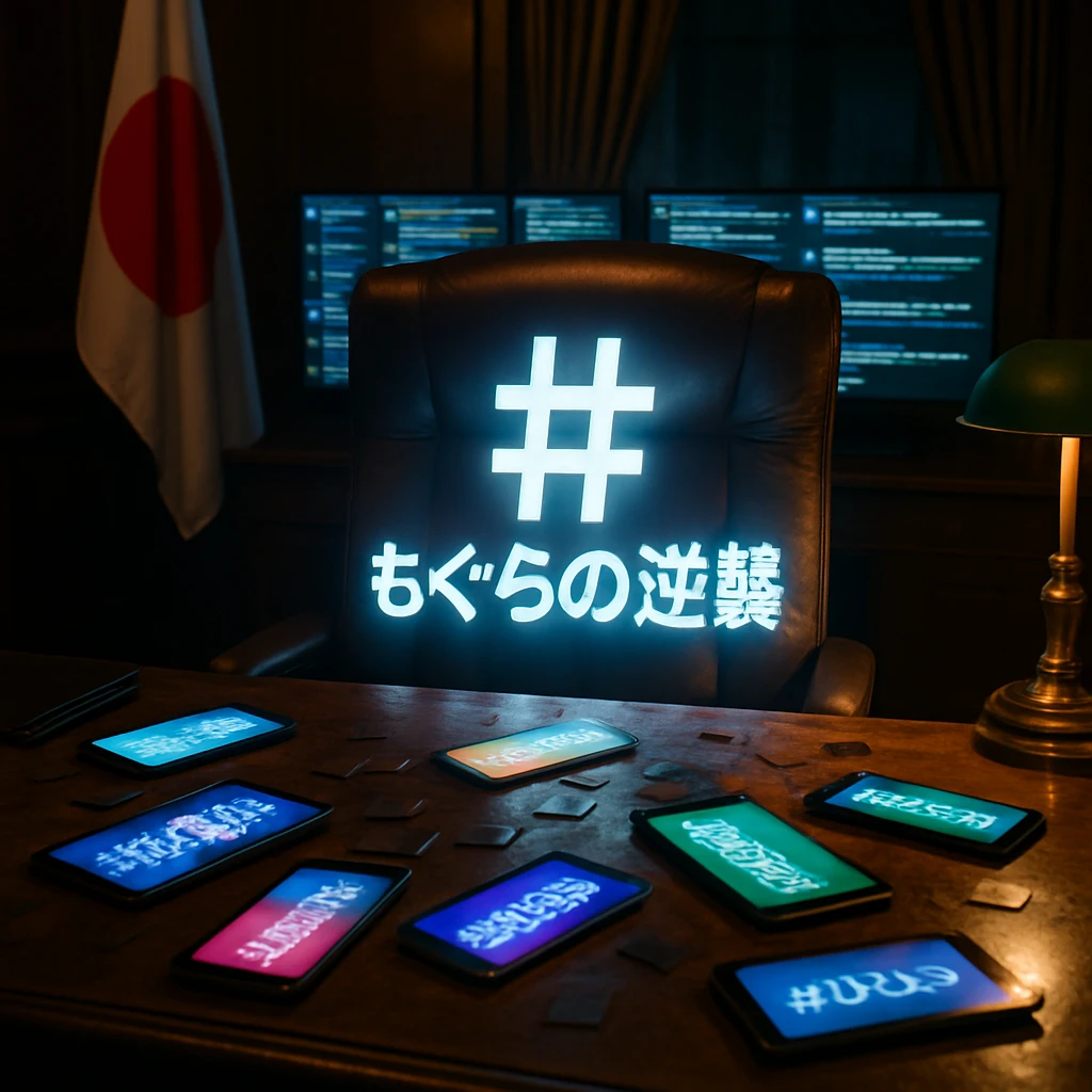 首相執務室の椅子に鮮やかに発光する『#もぐらの逆襲』のハッシュタグが投影され、周囲にスマートフォンやタブレットが散らばっている写真。