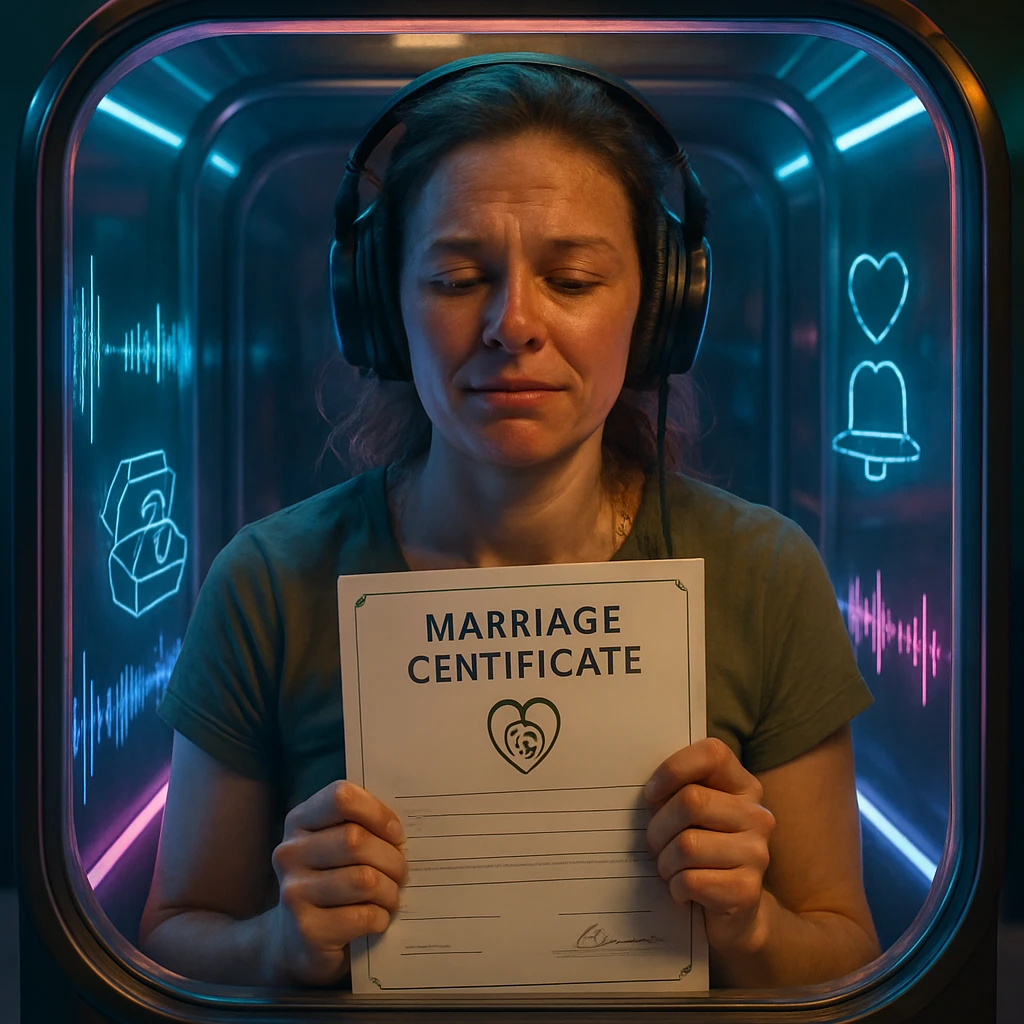 ネオンライトが淡く照らすカプセルの中で、大きなヘッドホンをつけた女性がデジタル婚姻証書を持ち、疲れた表情で座っている様子。