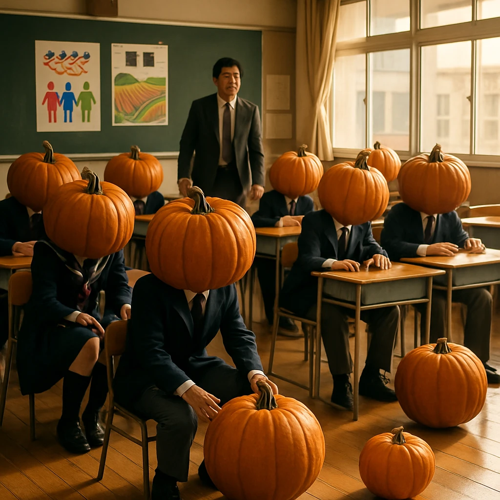 教室内で制服姿の生徒たちがカボチャの頭で転がっている様子をとらえた写真。