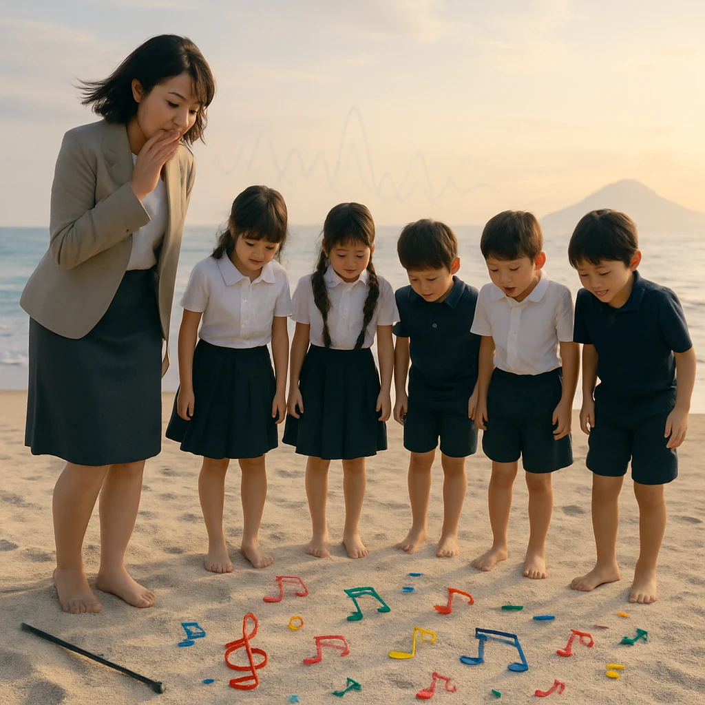 朝焼けの白砂浜で小学生たちが驚いた様子で砂を見下ろしている様子