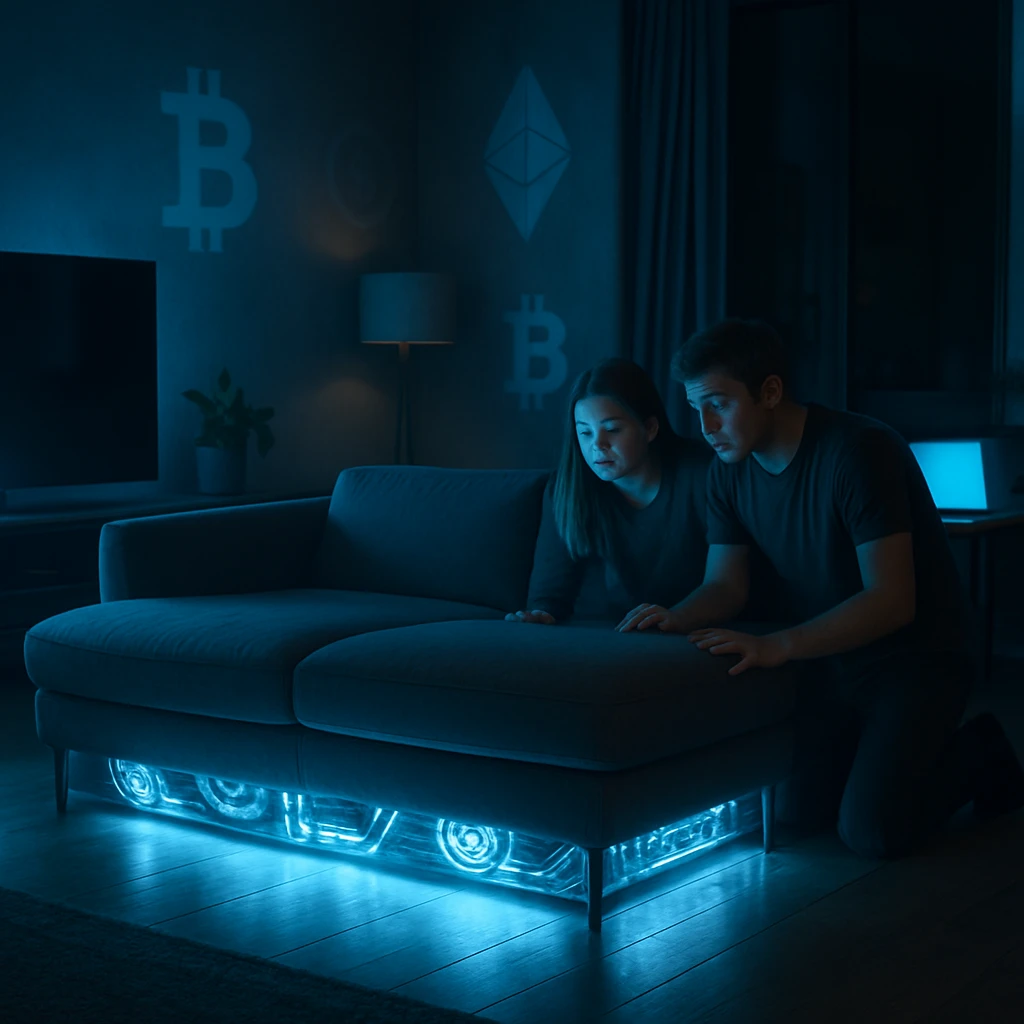 深夜のリビングで、ソファの下から光が漏れ、家族が驚いた様子で覗き込んでいる写真風の画像。