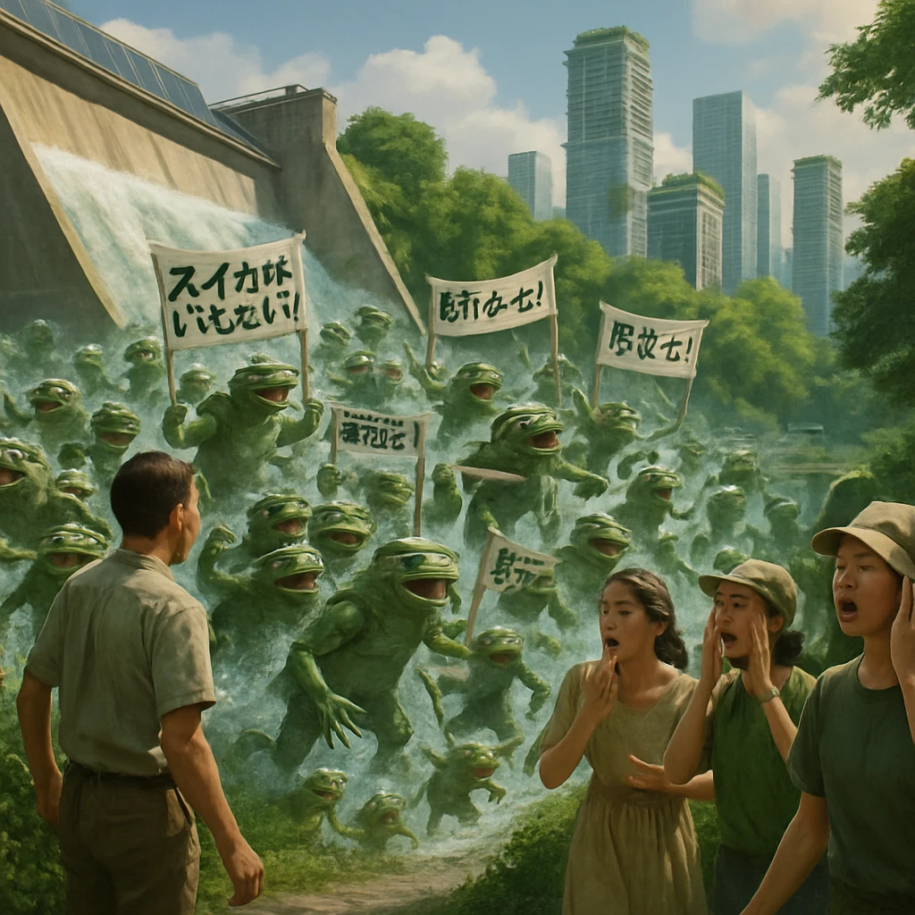 ESGダムから多数のカッパが一斉に流出し、グリーン素材で覆われた都市公園に広がっている様子のリアルな写真風画像。