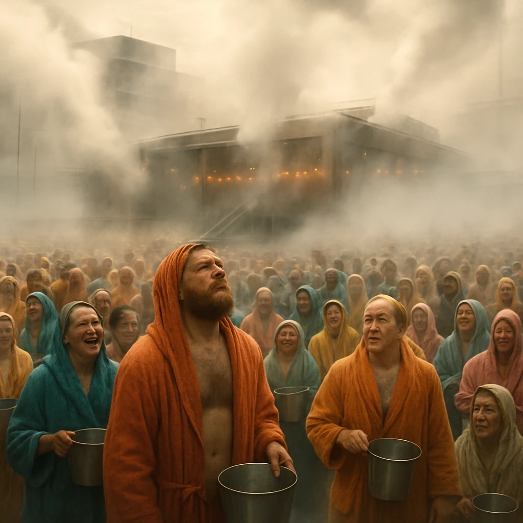 屋外の巨大なサウナ施設で、バケツを持つ大勢の人々が蒸気に包まれながら集まっている様子。