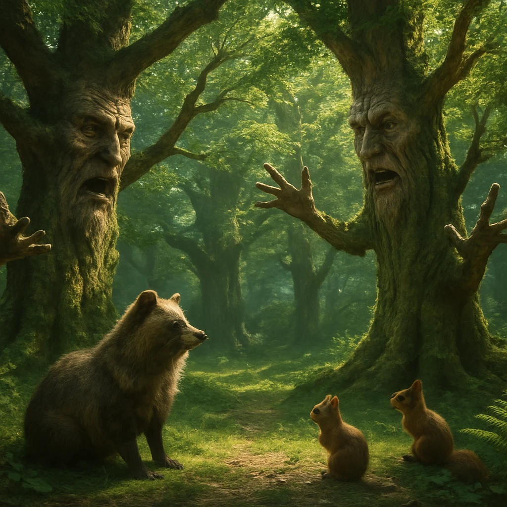 森林の中、表情のある大木たちが議論している様子を周囲の動物たちが見守るリアルな一場面。