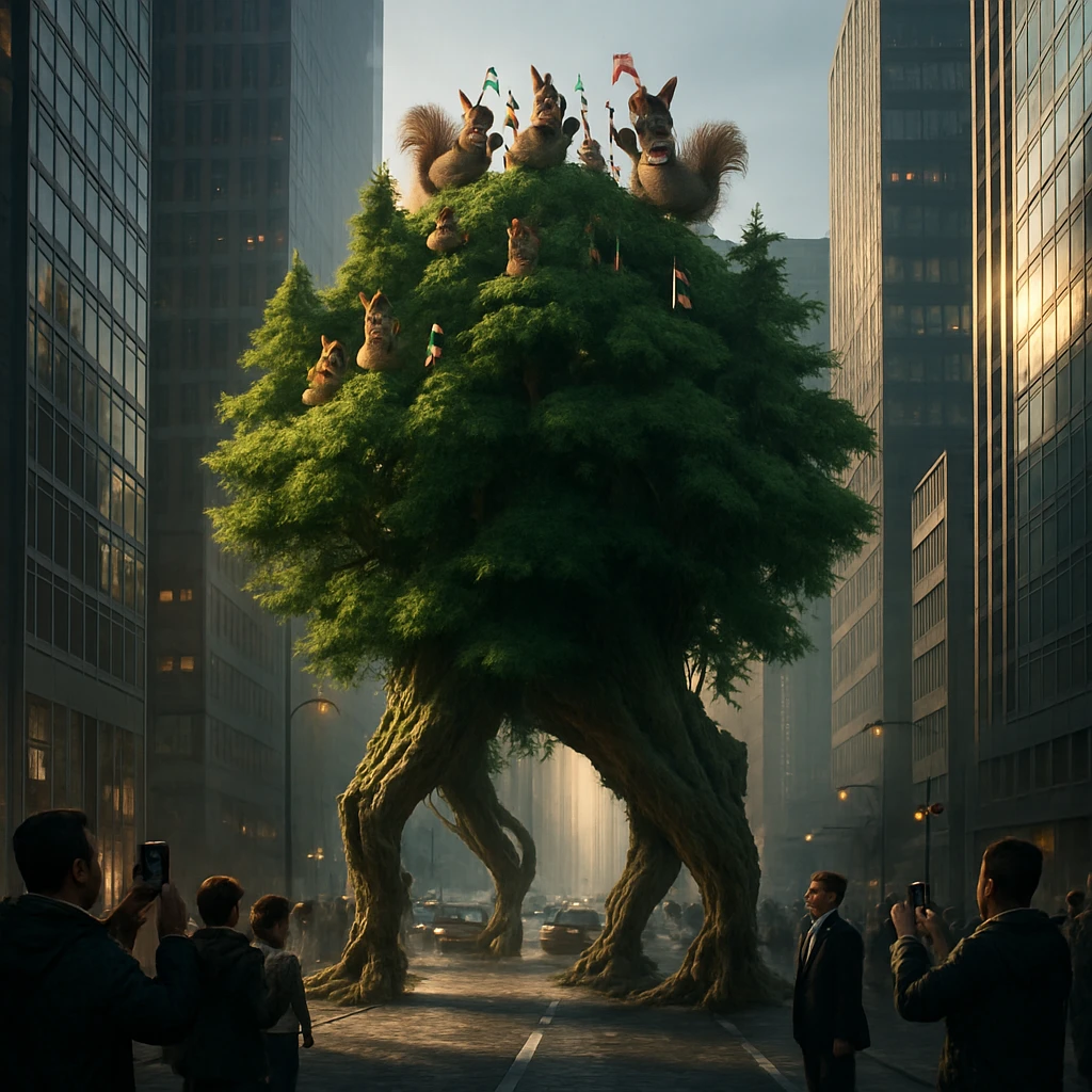 都市の街並みに巨大な根で歩く森と、樹上に集まるリスたち、市民たちが驚いて見上げている様子のリアルな写真風イメージ。