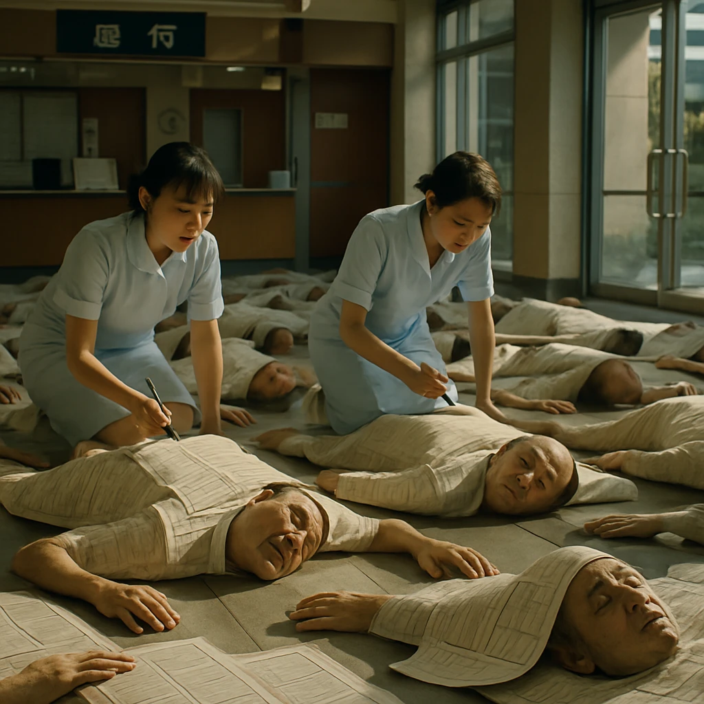 病院のロビーの床に巨大な問診票のような姿に変身した多数の患者と、それに驚く看護師たちが描かれたリアルな光景。