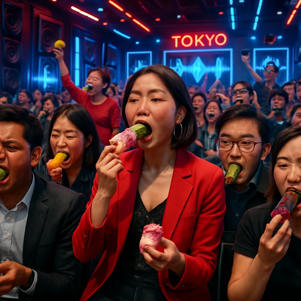 東京の未来的なホールで、参加者たちがキュウリ型マイクを咥えながらカラフルな食品を噛み、壁のデジタルパネルに咀嚼音の波形が映し出されている様子。