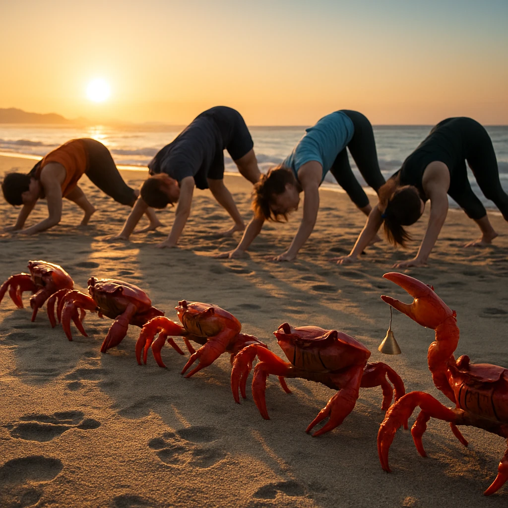 日本海の砂浜で人間たちがヨガのポーズに苦戦して転がる中、赤いカニたちが見事なヨガの姿勢を並んで披露している様子。
