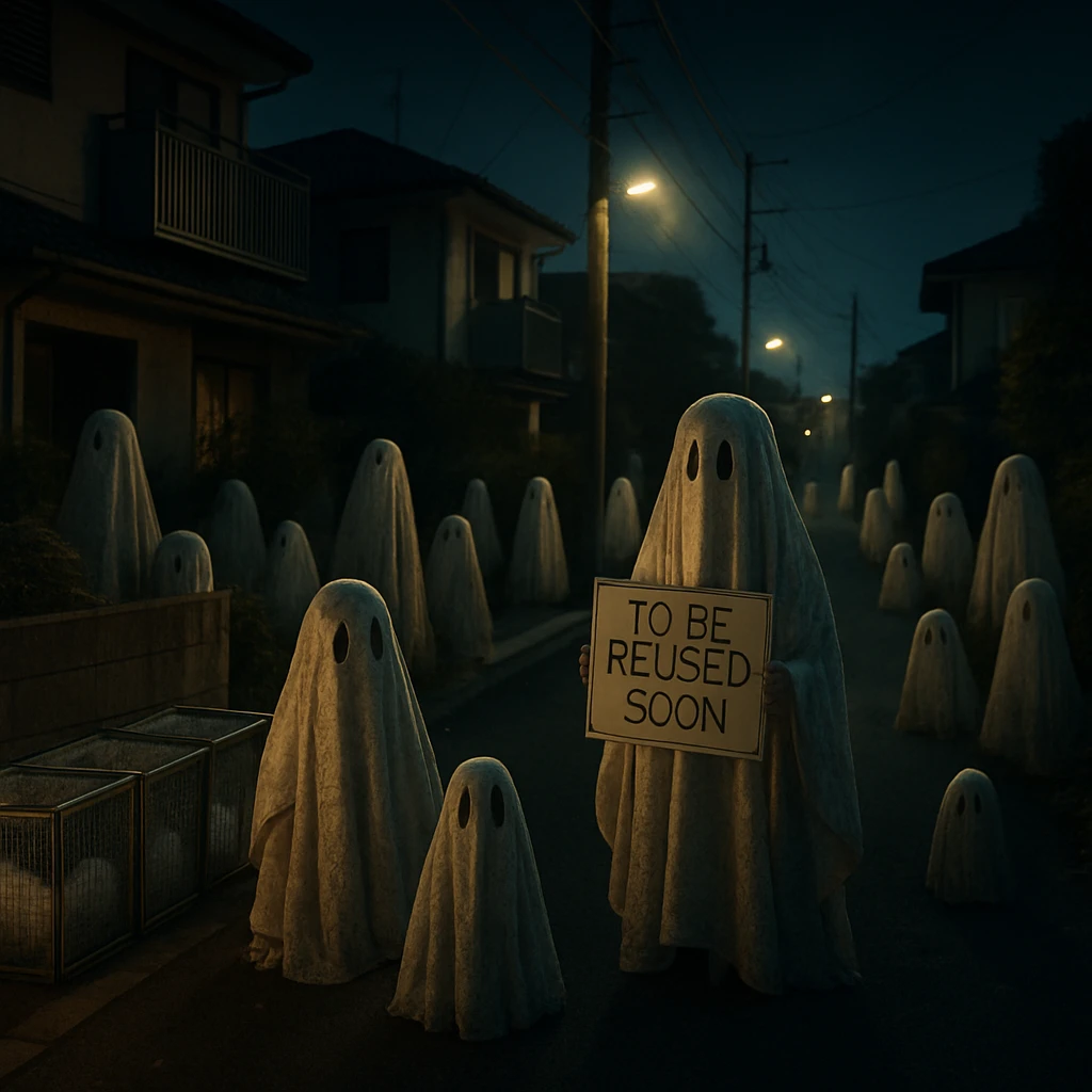 夜の住宅街で、切り株模様の半透明な幽霊たちが資源ごみ置き場の周囲に静かに浮遊している様子。