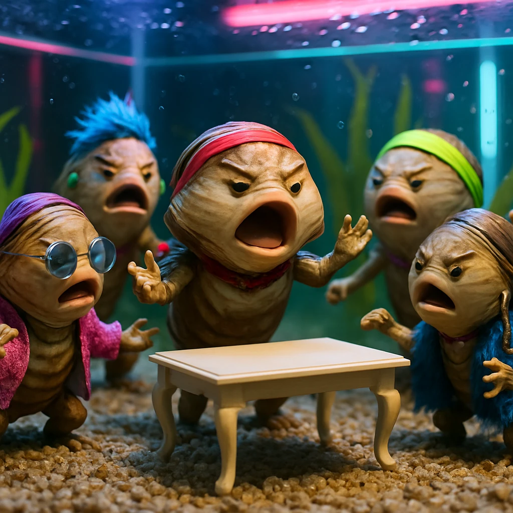 水槽内でK-POP風アクセサリーを身につけた5匹の貝が高級砂利の食卓を囲むリアルなシーン。