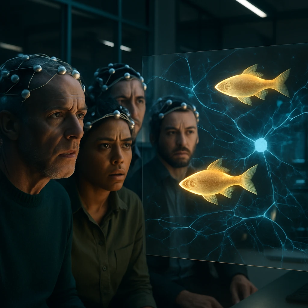 脳波ヘッドセットを装着した人々が、神経ネットワークを泳ぐデジタル魚のホログラムを見つめている研究室の一場面。