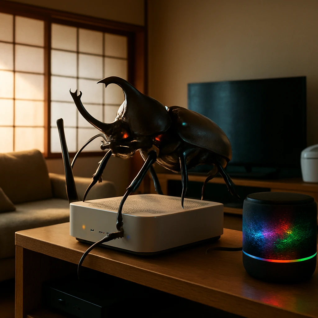 現代的な日本のリビングルームで、巨大なロボットカブトムシがWi-Fiルーターに乗っている様子。