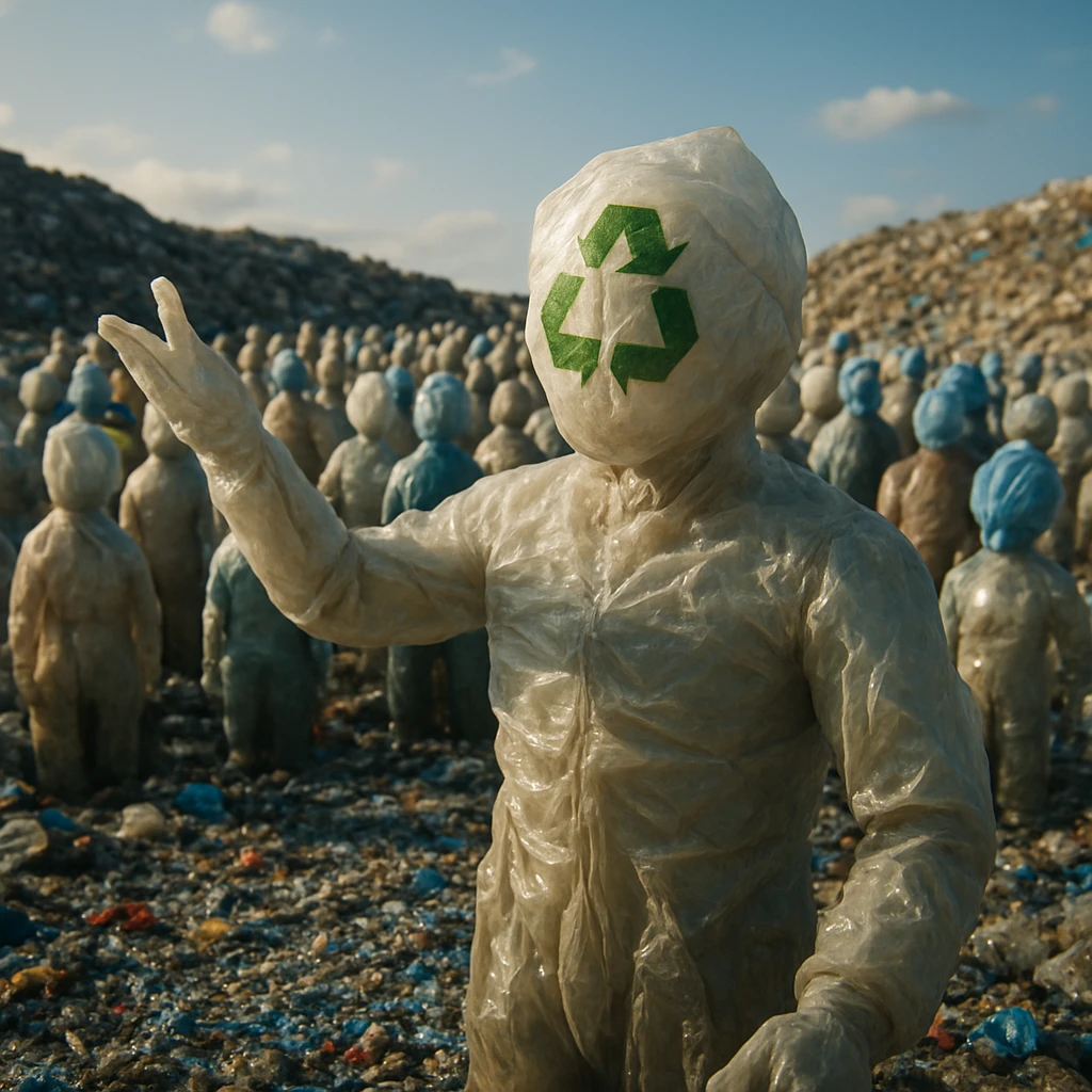 埋立地のマイクロプラスチック層に集まるレジ袋やペットボトルなどでできた“ごみ住民”たちと、顔にリサイクルマークをつけたリーダーが演説している場面。