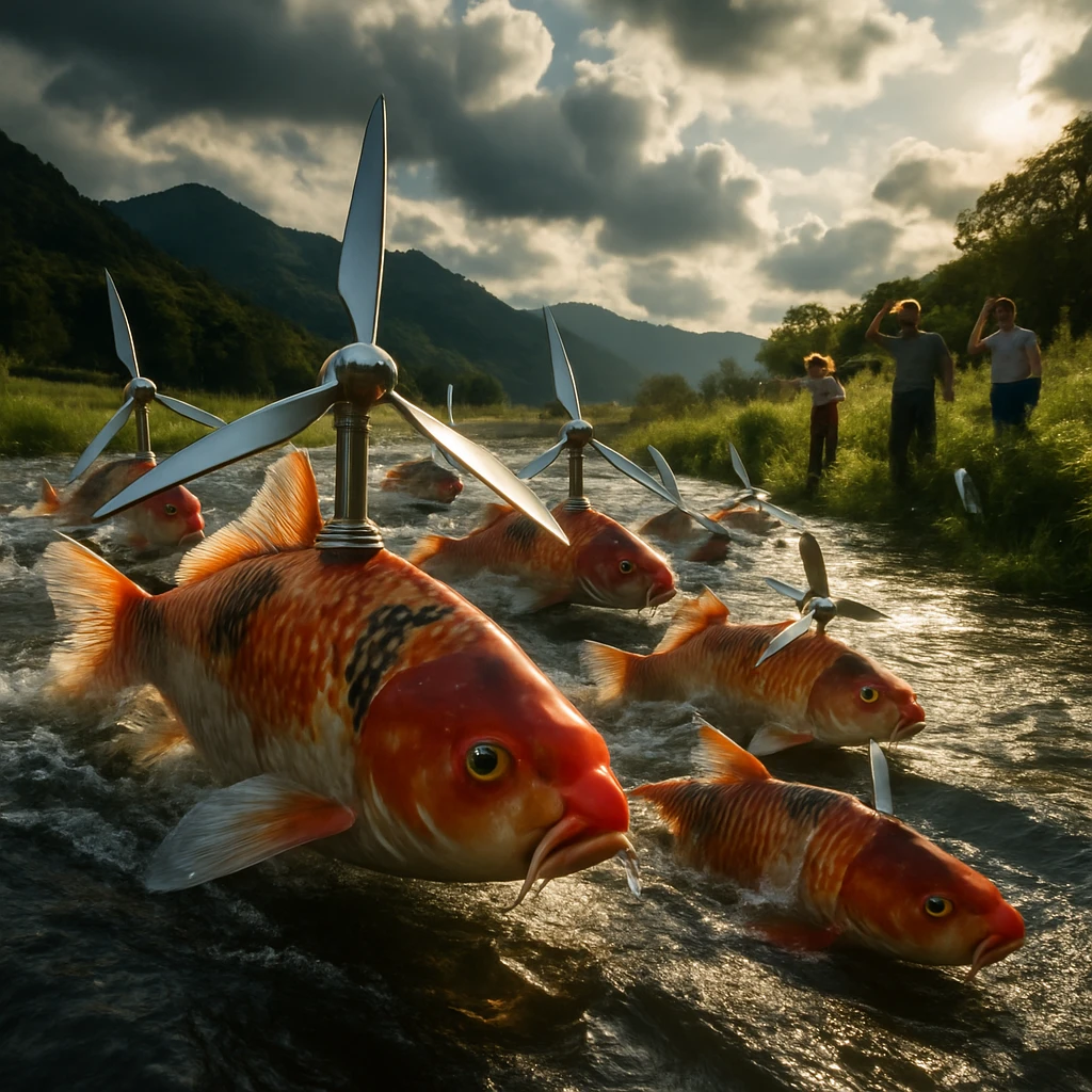 背中に風力発電機を載せた大群のコイが渓流を遡上し、川辺に驚く農家や観光客が立ち尽くしている様子。