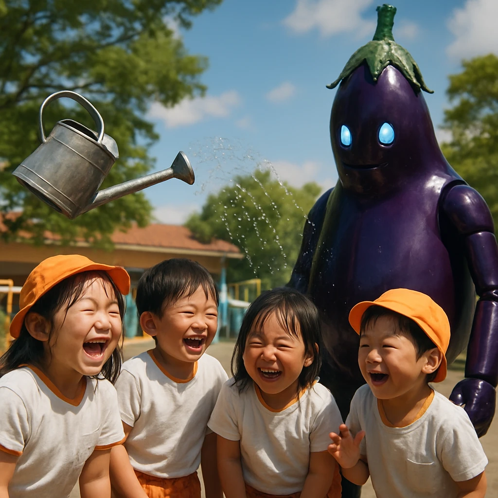 巨大なナス型ロボットが保育園の園庭で子どもたちにジョウロで水をかけている様子の写真。